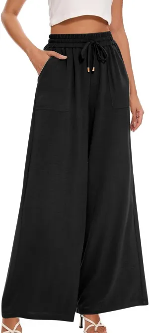 fanmpghleoo Wide Leg Linen Pants for Women Drawstring High Waisted Palazzo Pants Lounge Linen Trousers Flowy Boho Beach Pants