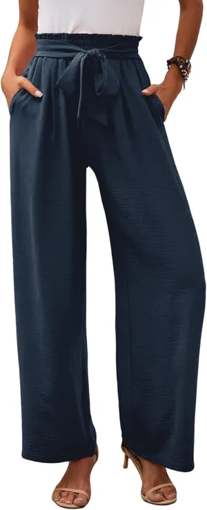 fanmpghleoo Wide Leg Linen Pants for Women Plus Size High Waisted Palazzo Pants Dressy Beach Comfy Lounge Pants with Pockets