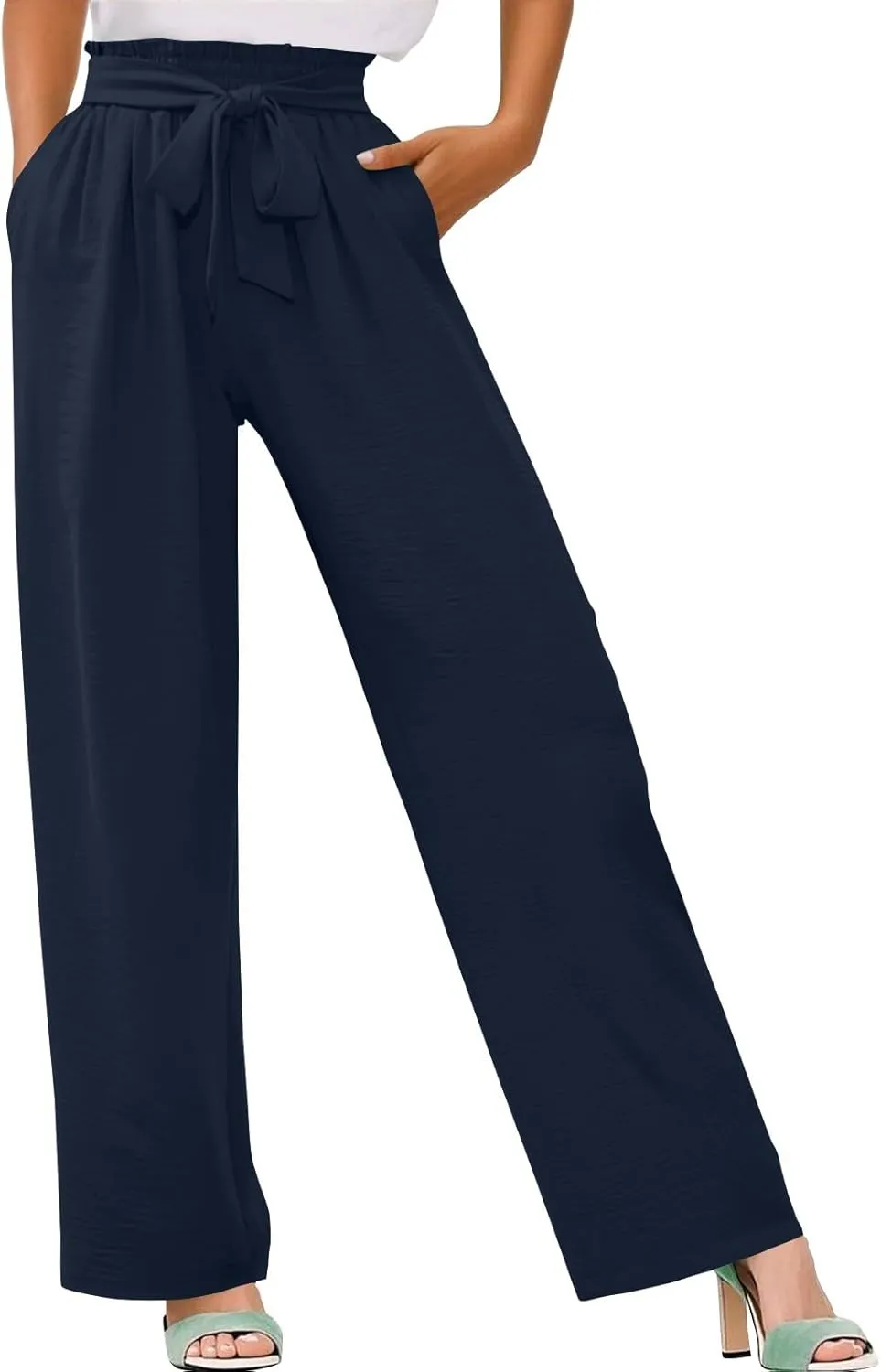 fanmpghleoo Wide Leg Linen Pants for Women Plus Size High Waisted Palazzo Pants Dressy Beach Comfy Lounge Pants with Pockets