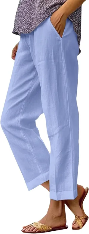 fanmpghleoo Women's Summer Casual Linen Pants Elastic Waist Loose Fit Straight Leg Crop Pants Beach Trousers with Pockets