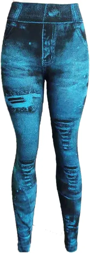 Faux Denim Leggings for Women Fashion High Waisted Yoga Pants Distressed Ripped Jeggings Tights Stretch Denim Jeans