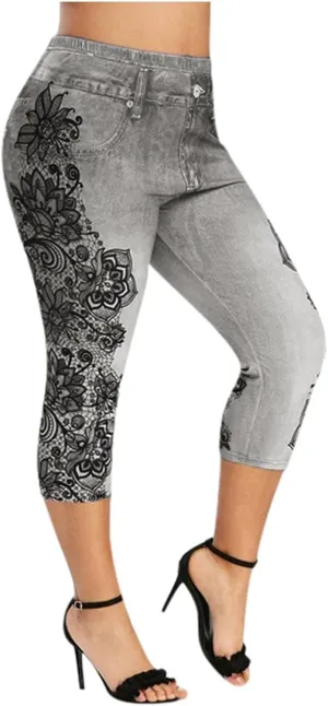 Faux Denim Leggings for Women Plus Size High Waisted Yoga Pants Capri Jeggings Short Tights Stretch Denim Jeans