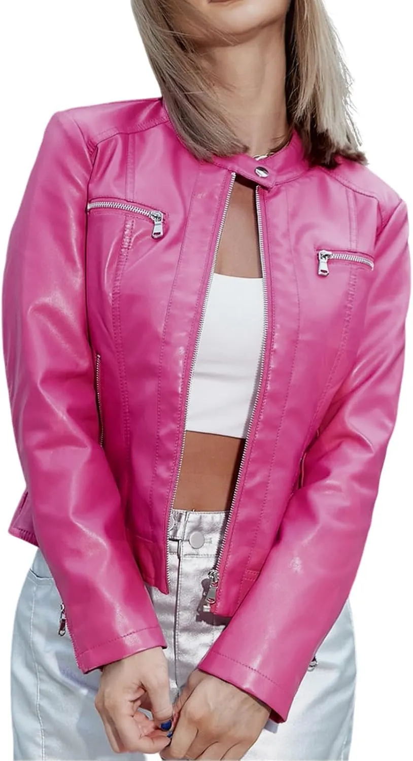 Faux Leather Jackets for Women 2024 Winter Zip Up Motorcycle Short Petite Coats PU Moto Biker Outwear Fitted Slim Coat
