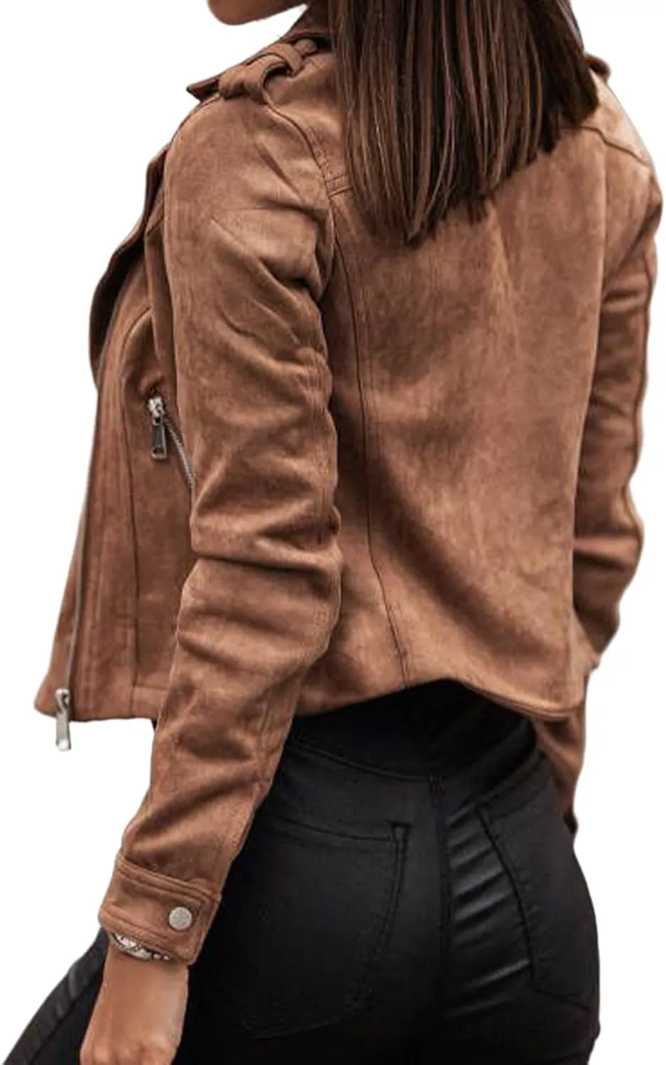 Faux Suede Jackets for Women Long Sleeve Zipper Short Moto Biker Coat Fashion Cropped Jackets Solid Color Outerwear