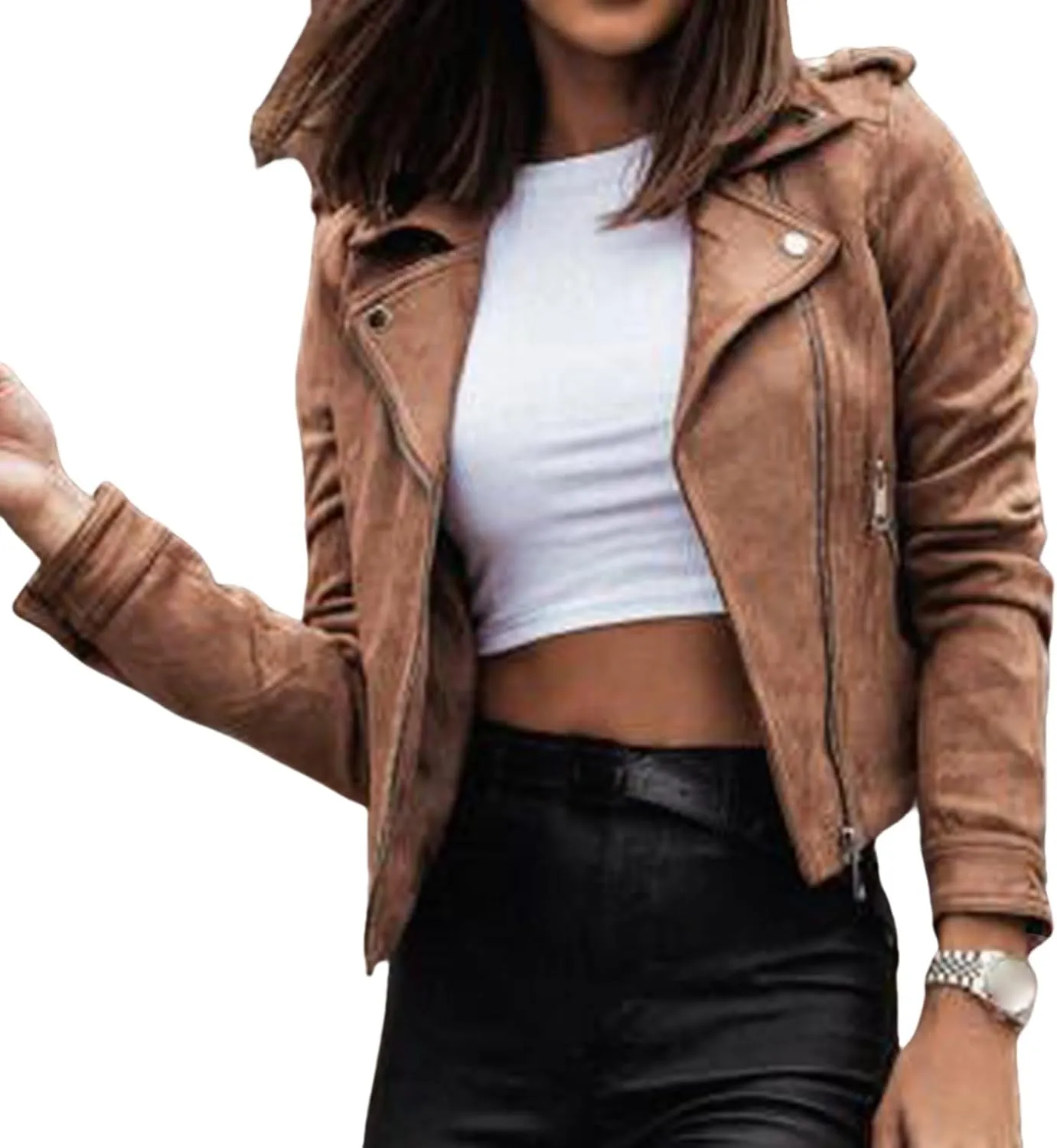 Faux Suede Jackets for Women Long Sleeve Zipper Short Moto Biker Coat Fashion Cropped Jackets Solid Color Outerwear