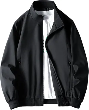 Finelylove Jacket Coat for Men Lightweight Long Sleeve Stand Collar Bomber Jacket Active Outdoor Windbreaker with Pocket