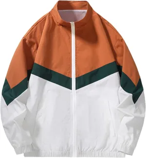 Finelylove Mens Casual Bomber Jacket Lightweight Zip Up Stand Collar Varsity Jacket Fashion Color Block Windbreaker