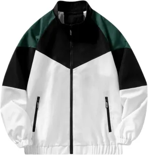 Finelylove Mens Casual Bomber Jacket Lightweight Zip Up Stand Collar Varsity Jacket Fashion Color Block Windbreaker