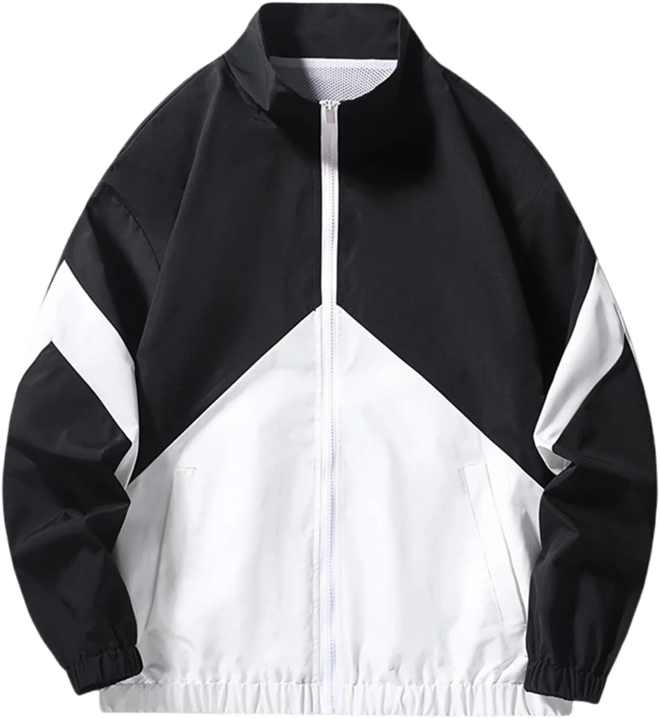 Finelylove Mens Casual Bomber Jacket Lightweight Zip Up Stand Collar Varsity Jacket Fashion Color Block Windbreaker