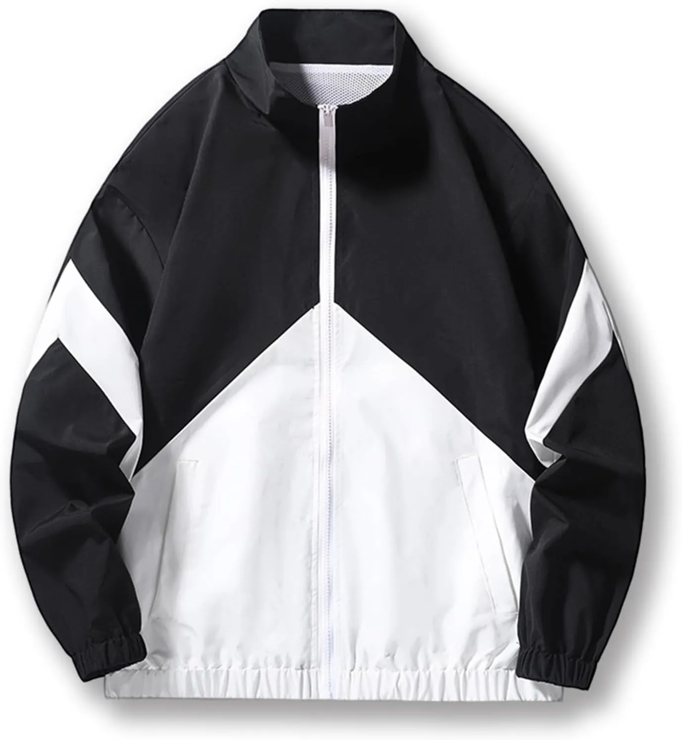Finelylove Mens Casual Bomber Jacket Lightweight Zip Up Stand Collar Varsity Jacket Fashion Color Block Windbreaker