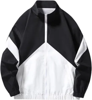 Finelylove Mens Casual Bomber Jacket Lightweight Zip Up Stand Collar Varsity Jacket Fashion Color Block Windbreaker