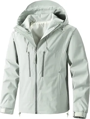 Finelylove Mens Rain Jacket Waterproof Drawstring Hooded Windbreaker Softshell Hiking Travel Jacket Fall Winter Coat