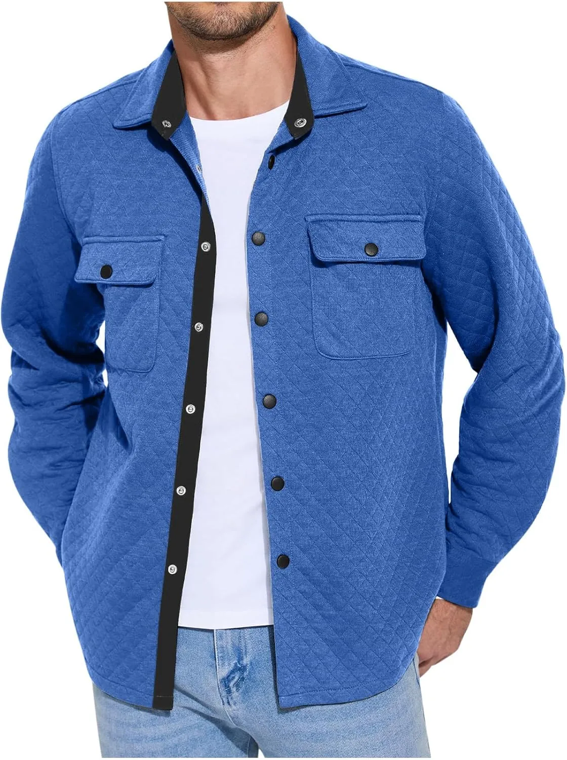 Finelylove Mens Shirt Jacket Lightweight Quilted Snap Shacket Jacket Casual Fashion Bomber Jacket Fall Outwear Coat