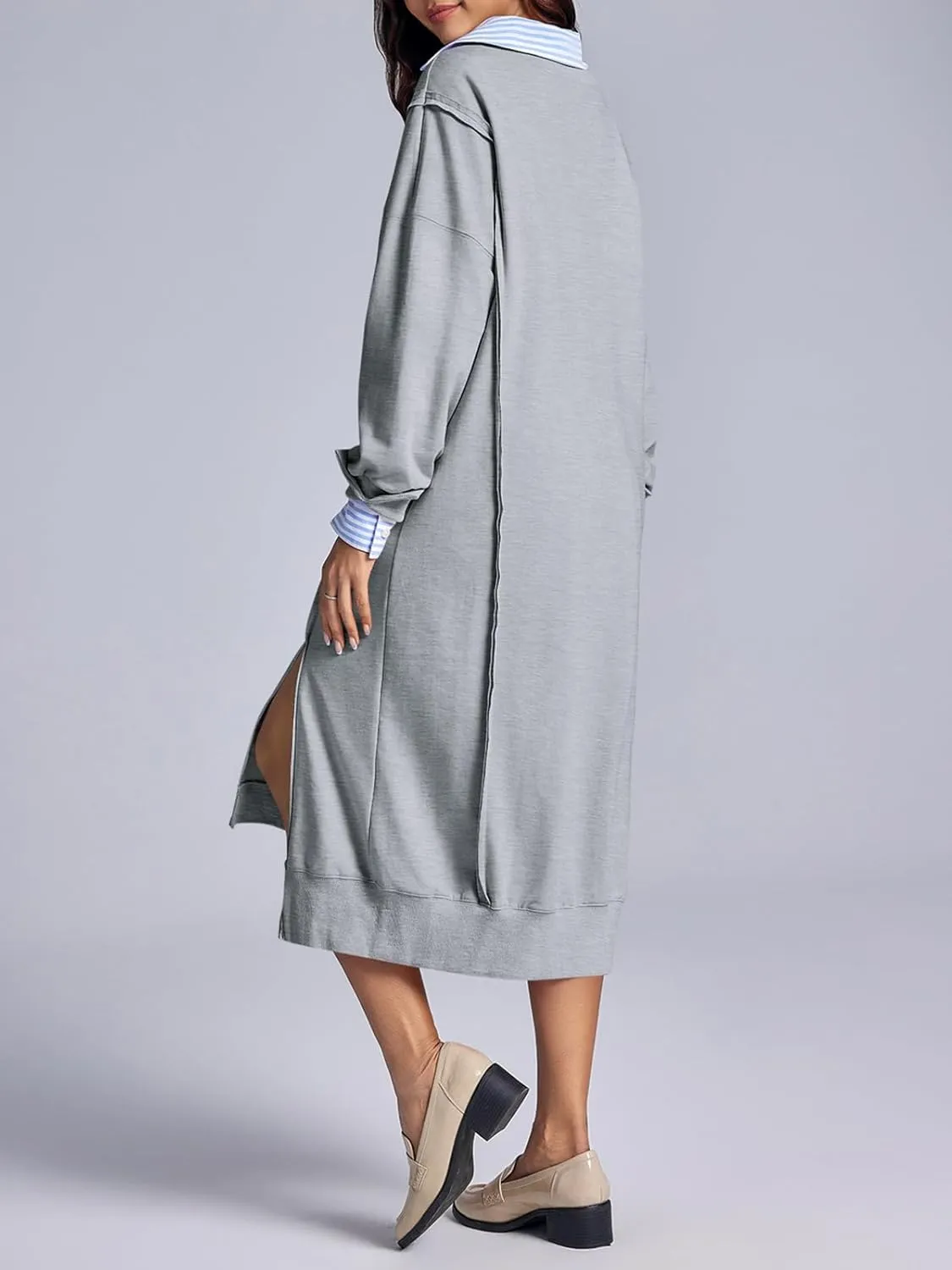 Fisoew Womens Long Sleeve Sweatshirt Dress Casual Loose Side Slit Pullover Maxi Dress