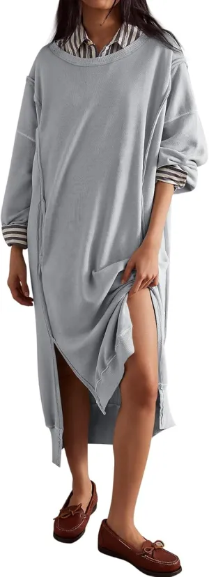 Fisoew Womens Long Sleeve Sweatshirt Dress Casual Loose Side Slit Pullover Maxi Dress