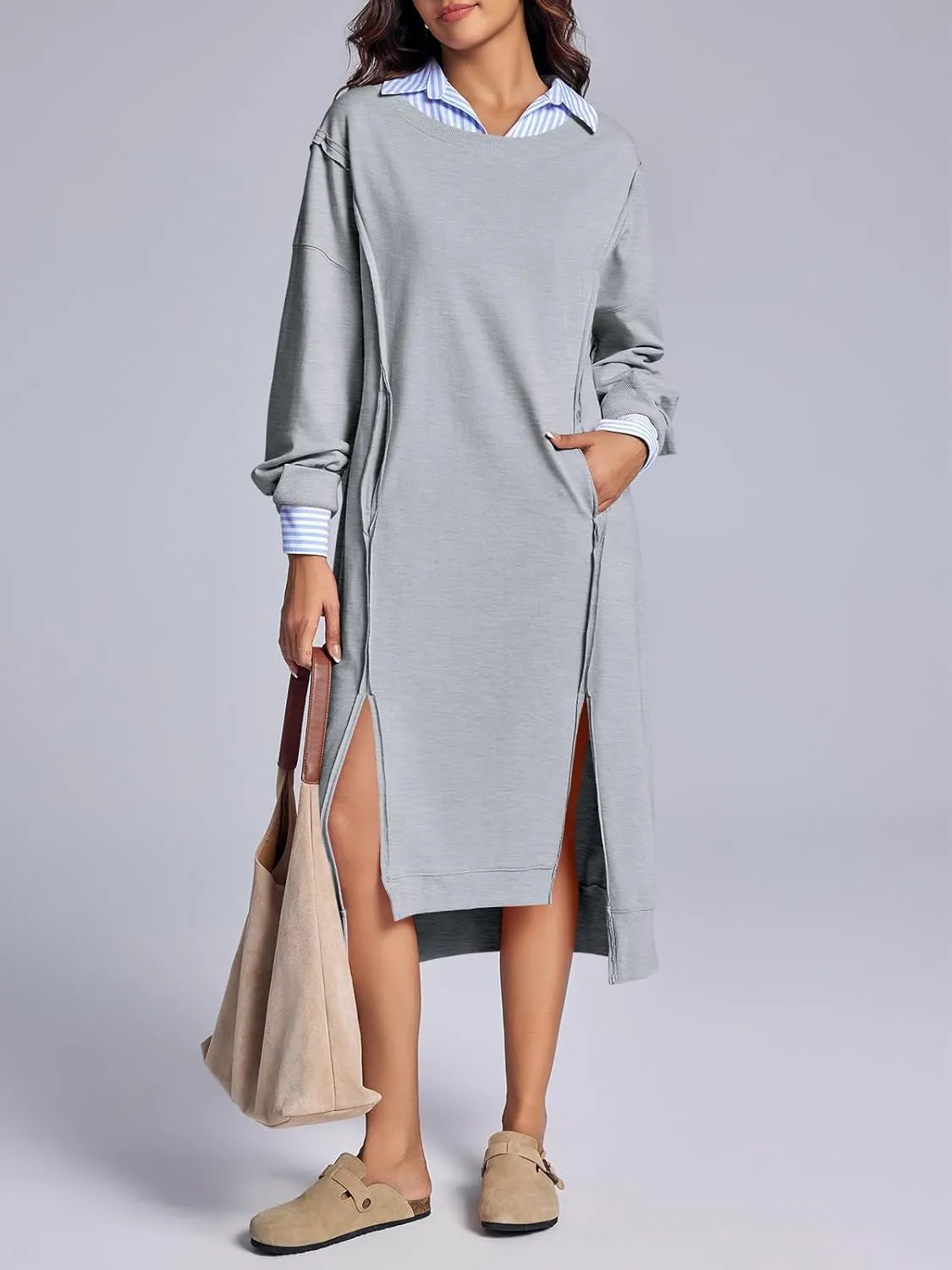 Fisoew Womens Long Sleeve Sweatshirt Dress Casual Loose Side Slit Pullover Maxi Dress