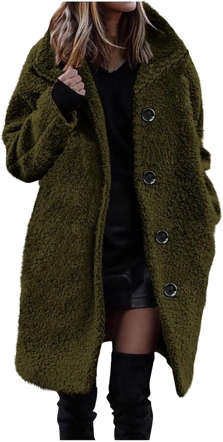 Fleece Coats for Women Winter Wool Blend Coat Lapel Long Sleeve Jacket Casual Thick Single Breasted Pea Coat