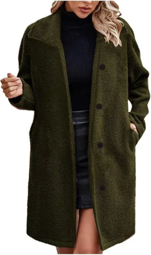 Fleece Coats for Women Winter Wool Blend Coat Lapel Long Sleeve Jacket Casual Thick Single Breasted Pea Coat