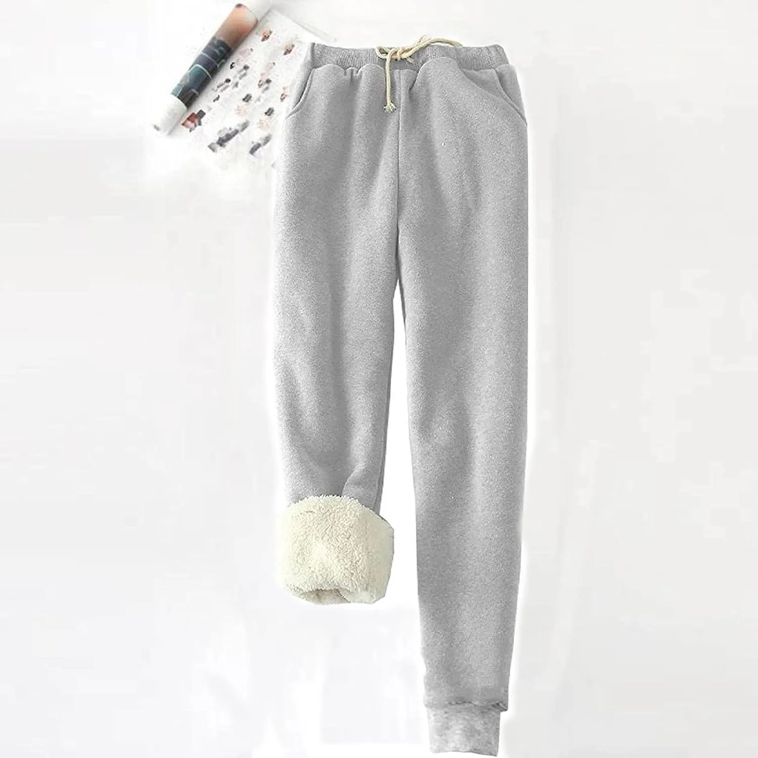Fleece Lined Pants Women Plus Size Winter Sweat Pants Warm Thick Joggers Elastic Waist Sweatpants with Drawstring