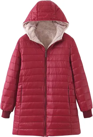 Fleece Lined Winter Coats for Women Mid Length Hooded Jackets Outerwear Sherpa Fleece Winter Warm Overcoat Women