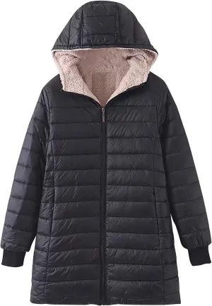 Fleece Lined Winter Coats for Women Mid Length Hooded Jackets Outerwear Sherpa Fleece Winter Warm Overcoat Women
