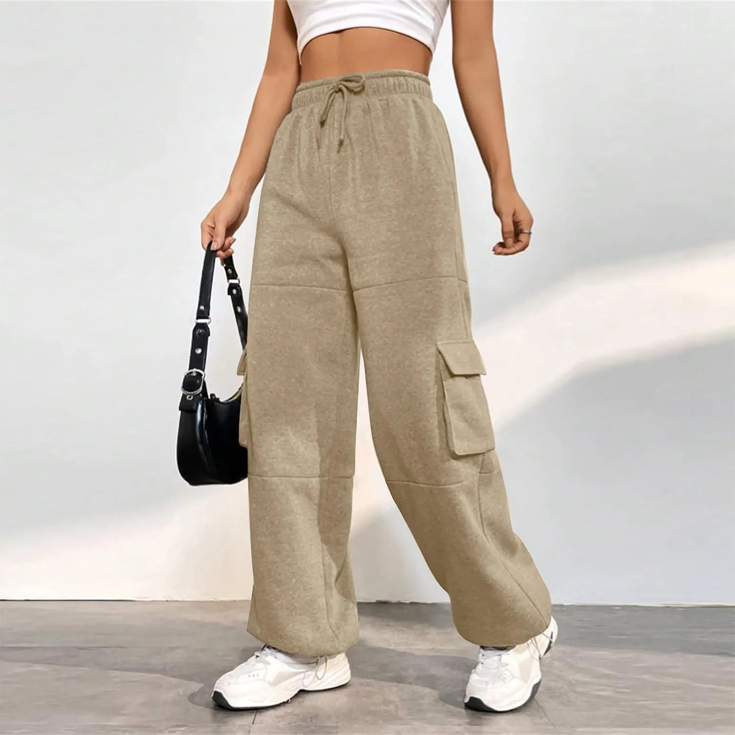 Fleece Sweatpants Womens Baggy High Waisted Wide Leg Lounge Pants with Pockets Comfy Drawstring Cinch Bottom Joggers