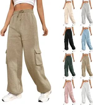 Fleece Sweatpants Womens Baggy High Waisted Wide Leg Lounge Pants with Pockets Comfy Drawstring Cinch Bottom Joggers