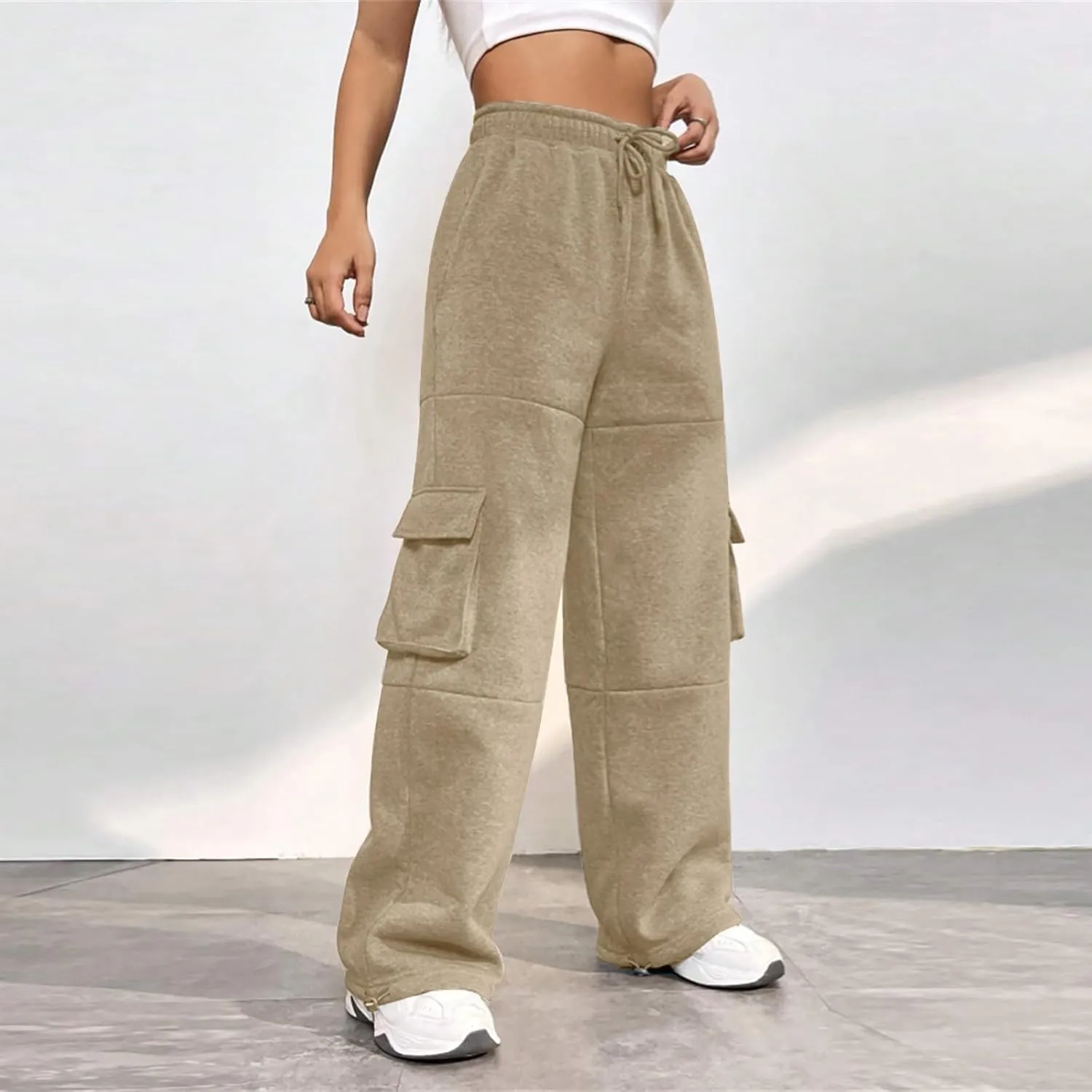 Fleece Sweatpants Womens Baggy High Waisted Wide Leg Lounge Pants with Pockets Comfy Drawstring Cinch Bottom Joggers