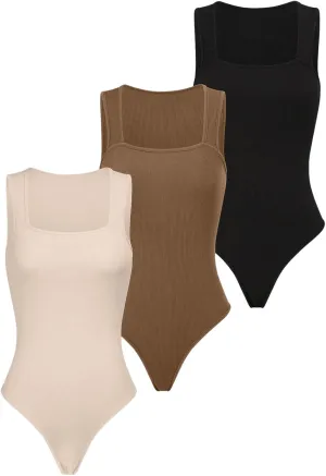Floerns Women's 3 Piece Solid Sleeveless Square Neck Bodysuit Ribbed Tank Tops Bodysuit