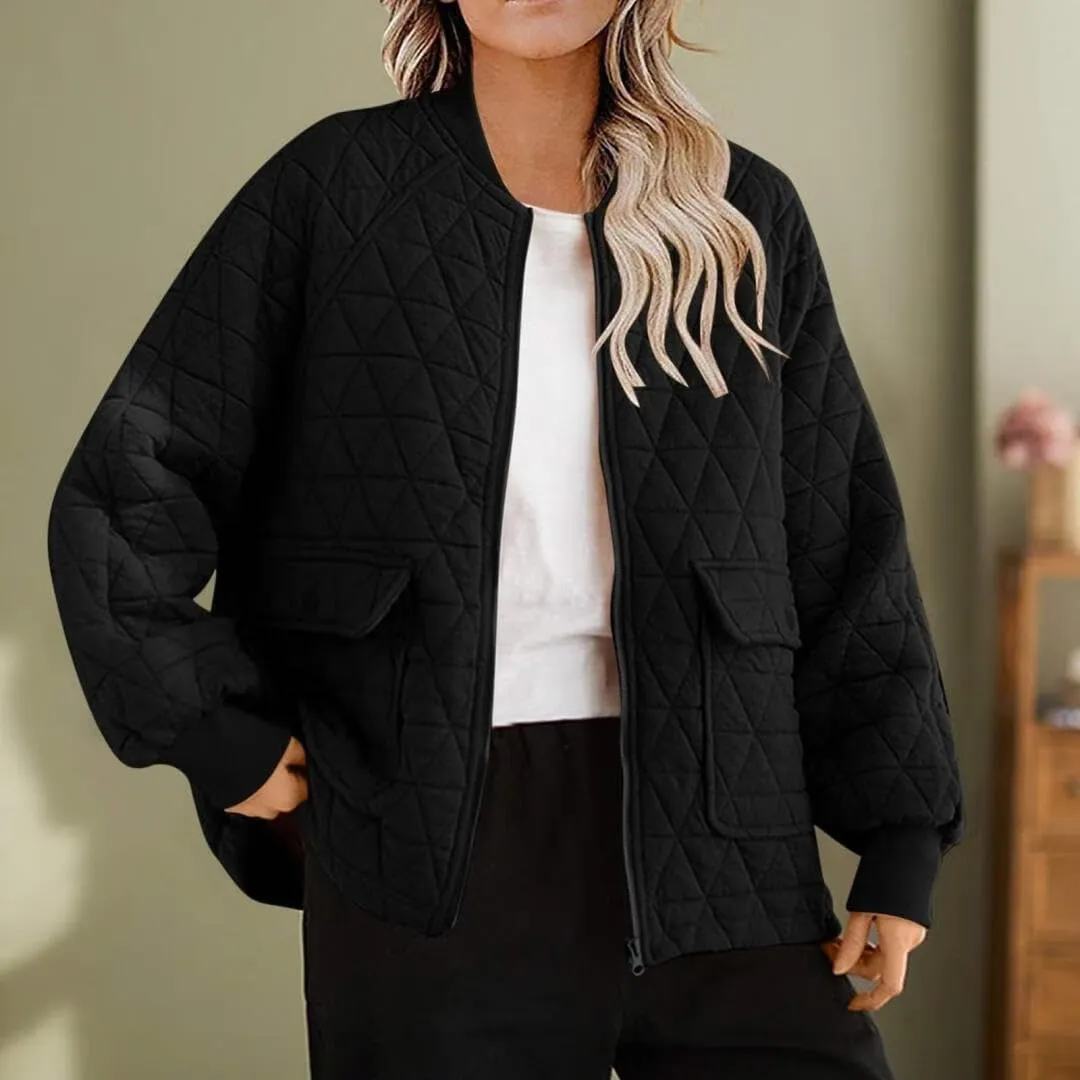 FMCHICO Women's Bomber Jacket Fashion Qulited Casual Jakcets Long Sleeve Zip up Bomber Jacket with Pockets