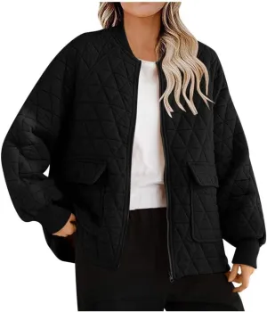 FMCHICO Women's Bomber Jacket Fashion Qulited Casual Jakcets Long Sleeve Zip up Bomber Jacket with Pockets