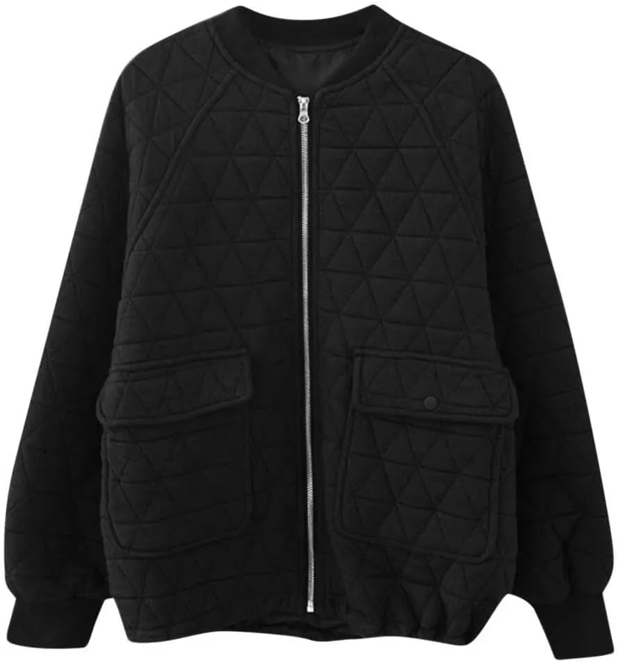 FMCHICO Women's Bomber Jacket Fashion Qulited Casual Jakcets Long Sleeve Zip up Bomber Jacket with Pockets