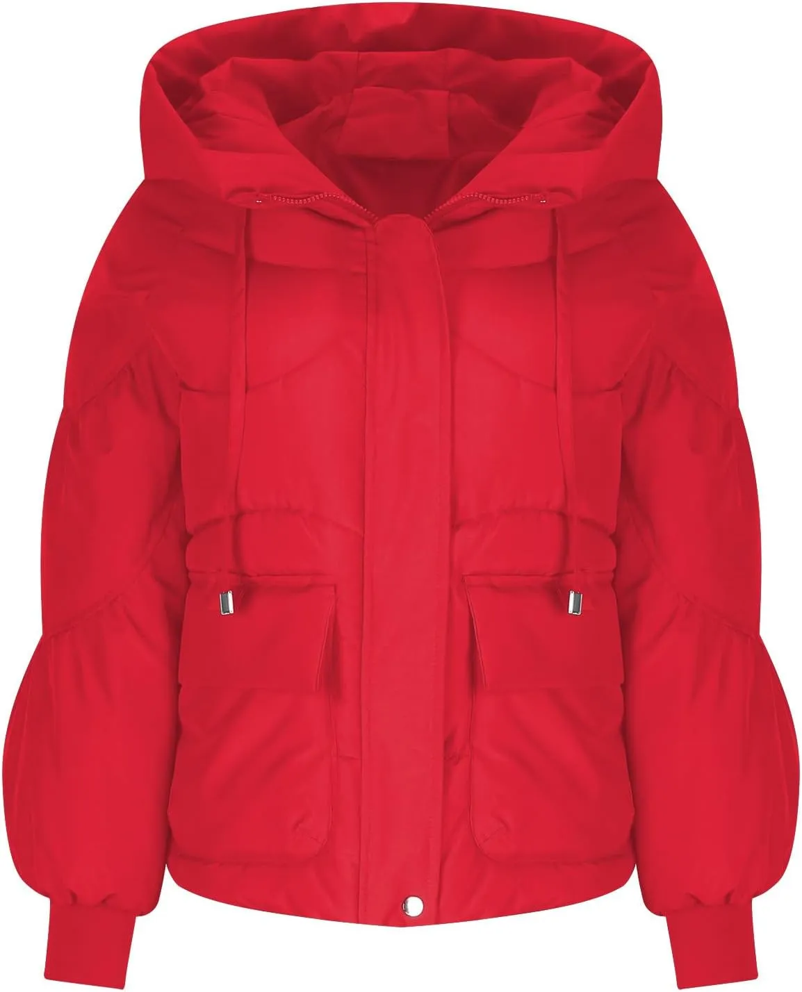 Full Zip Puffer Jacket for Women Long Sleeve Down Outwear with Pockets Trendy 2024 Winter Down Drawstring Coat