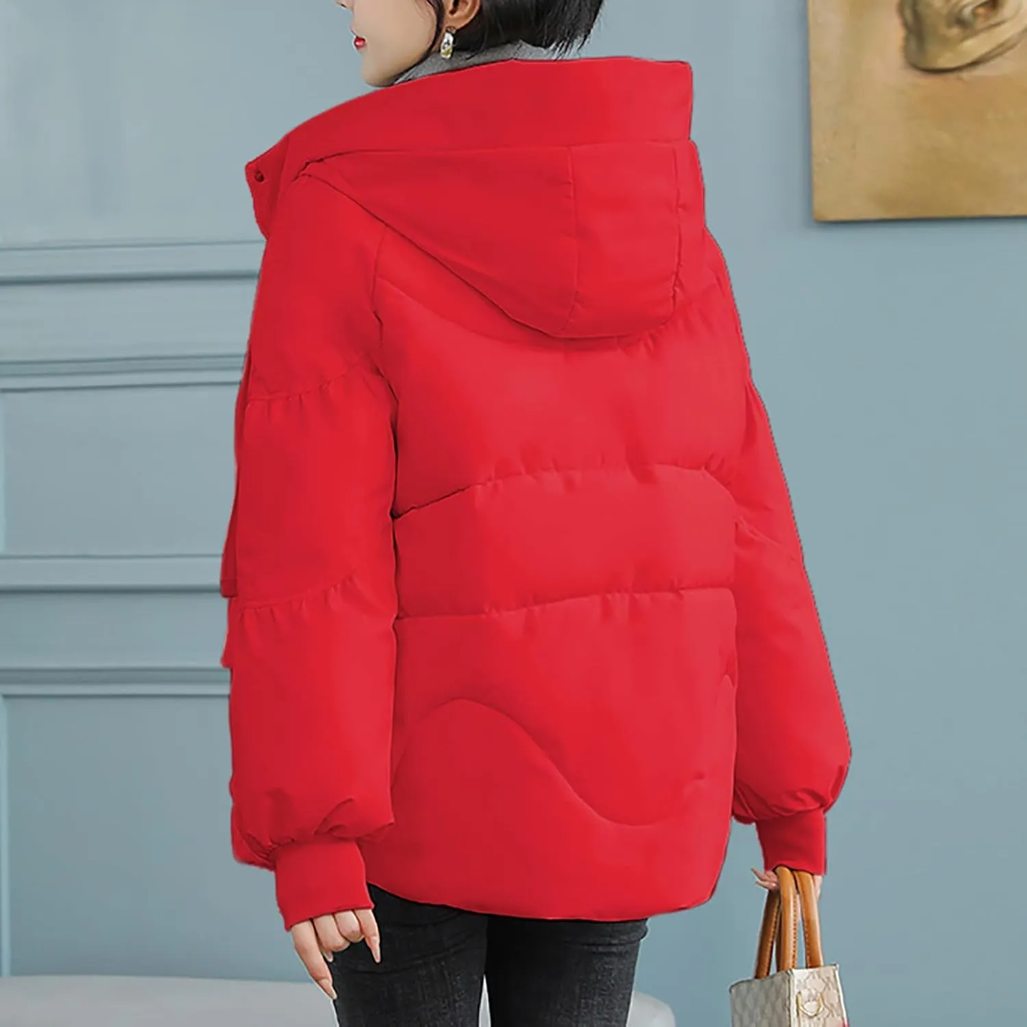 Full Zip Puffer Jacket for Women Long Sleeve Down Outwear with Pockets Trendy 2024 Winter Down Drawstring Coat