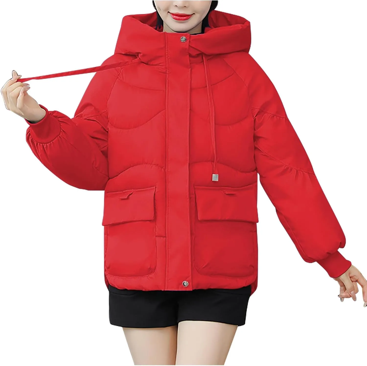 Full Zip Puffer Jacket for Women Long Sleeve Down Outwear with Pockets Trendy 2024 Winter Down Drawstring Coat
