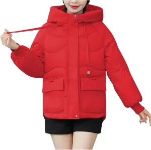 Full Zip Puffer Jacket for Women Long Sleeve Down Outwear with Pockets Trendy 2024 Winter Down Drawstring Coat