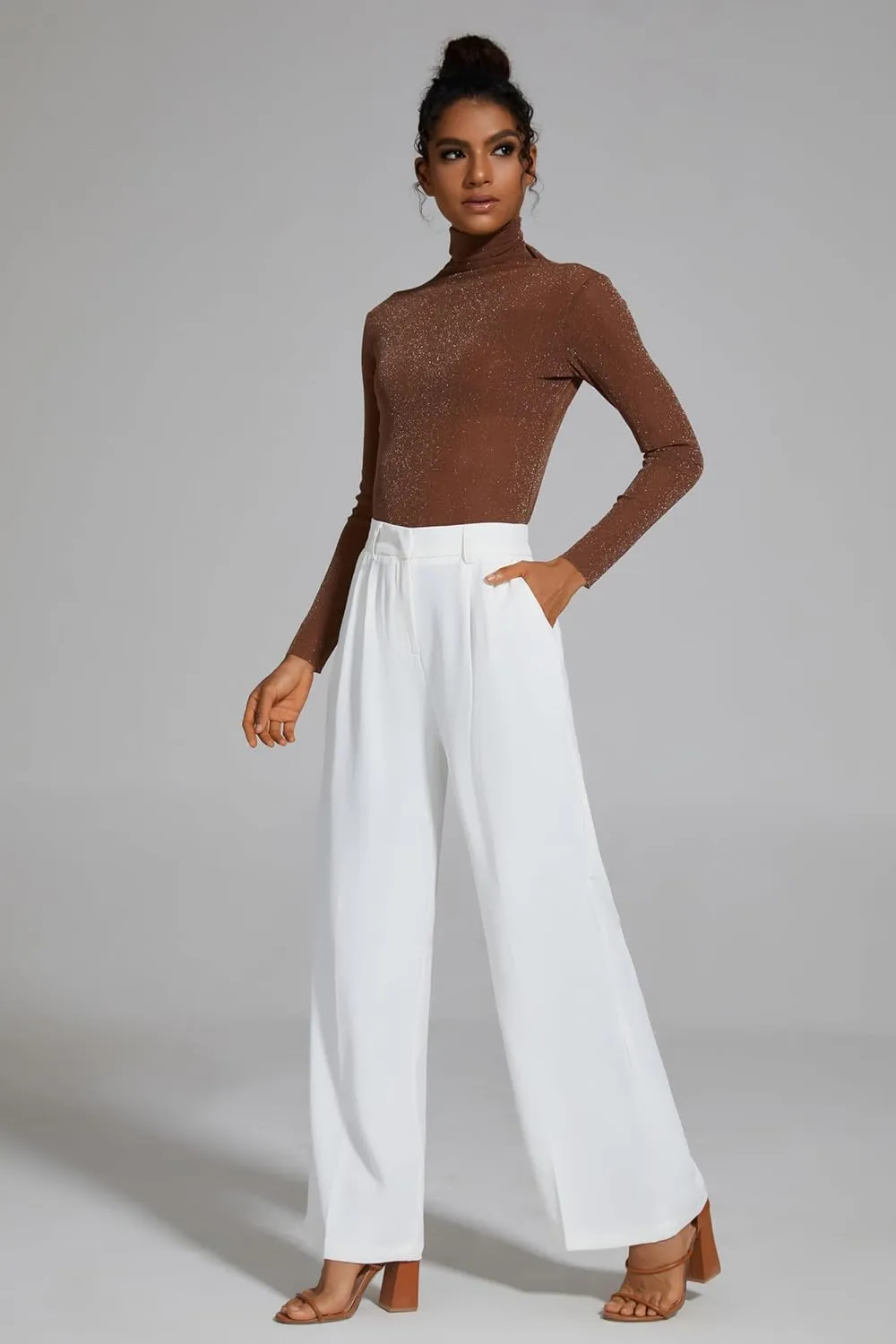 FUNYYZO Wide Leg Pants Women's High Elastic Waisted in The Back Business Work Trousers Long Straight Suit Pants