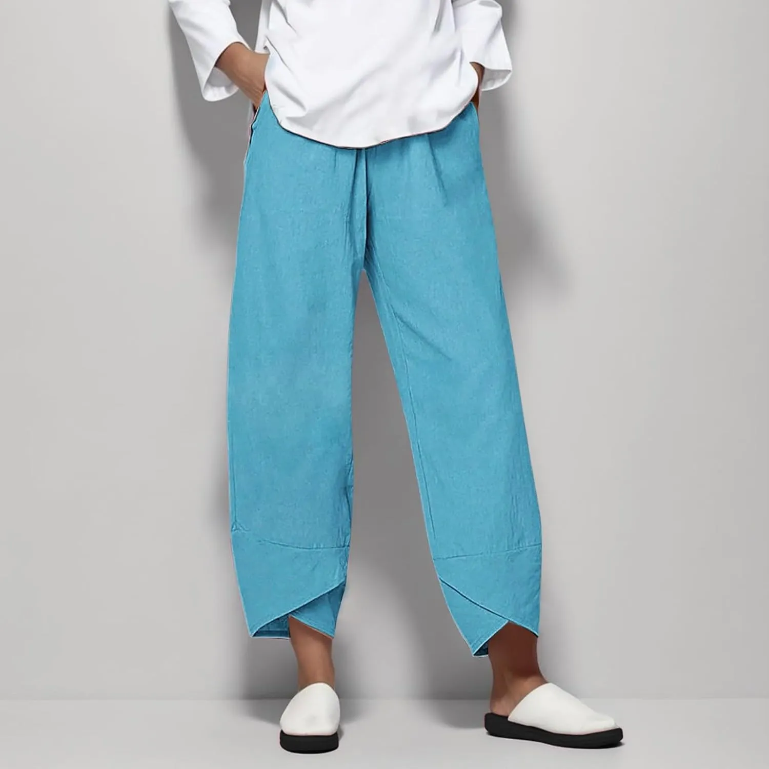GOKKILRW Cotton Linen Pants Women Summer Boho Trousers Elastic Waist Lightweight Vacation Hippie Beach Capris with Pockets