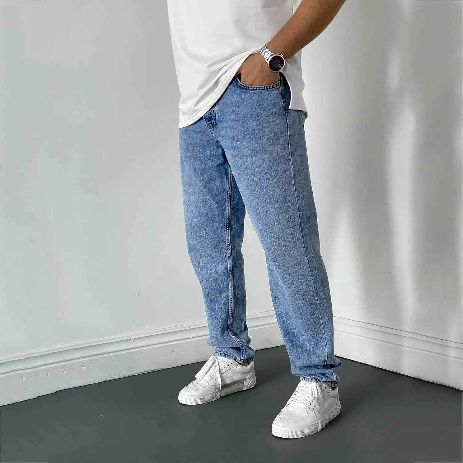GOKKILRW Mens Relaxed Fit Straight Leg Jeans Fashion Baggy Comfort Plain Grunge Hip Hop Denim Pant Trendy Casual Denim Jogger