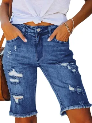 Govc Women's High Rise Ripped Stretchy Denim Bermuda Jean Shorts Frayed Raw Short Jeans