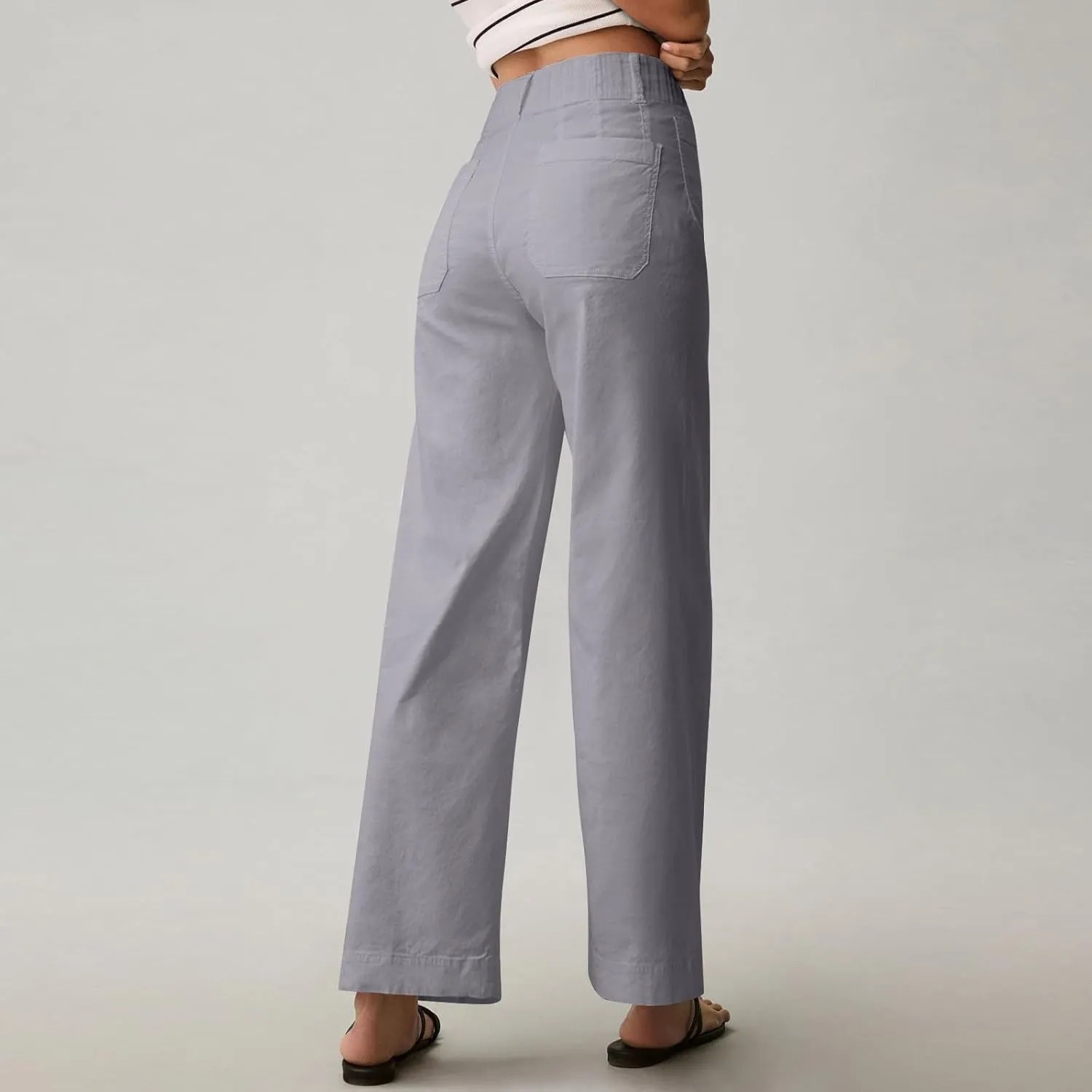 Gumipy Twill Pants for Women Stretch Casual High Waisted Wide Leg Cropped Pants Straight Leg Ankle Chino Pant with Pockets