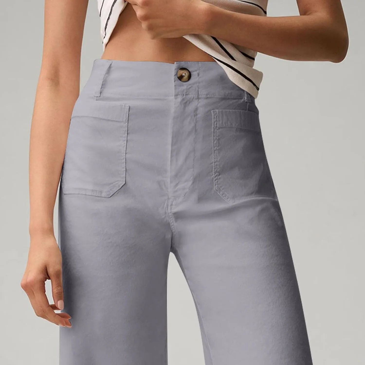 Gumipy Twill Pants for Women Stretch Casual High Waisted Wide Leg Cropped Pants Straight Leg Ankle Chino Pant with Pockets