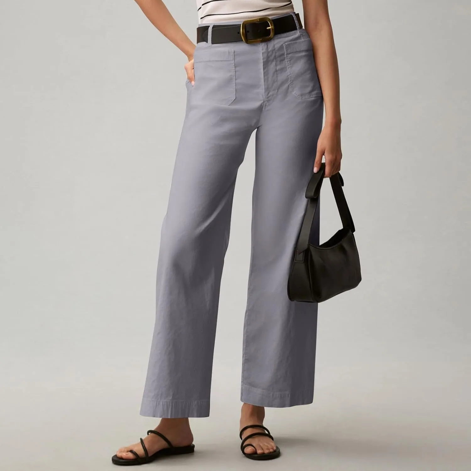 Gumipy Twill Pants for Women Stretch Casual High Waisted Wide Leg Cropped Pants Straight Leg Ankle Chino Pant with Pockets
