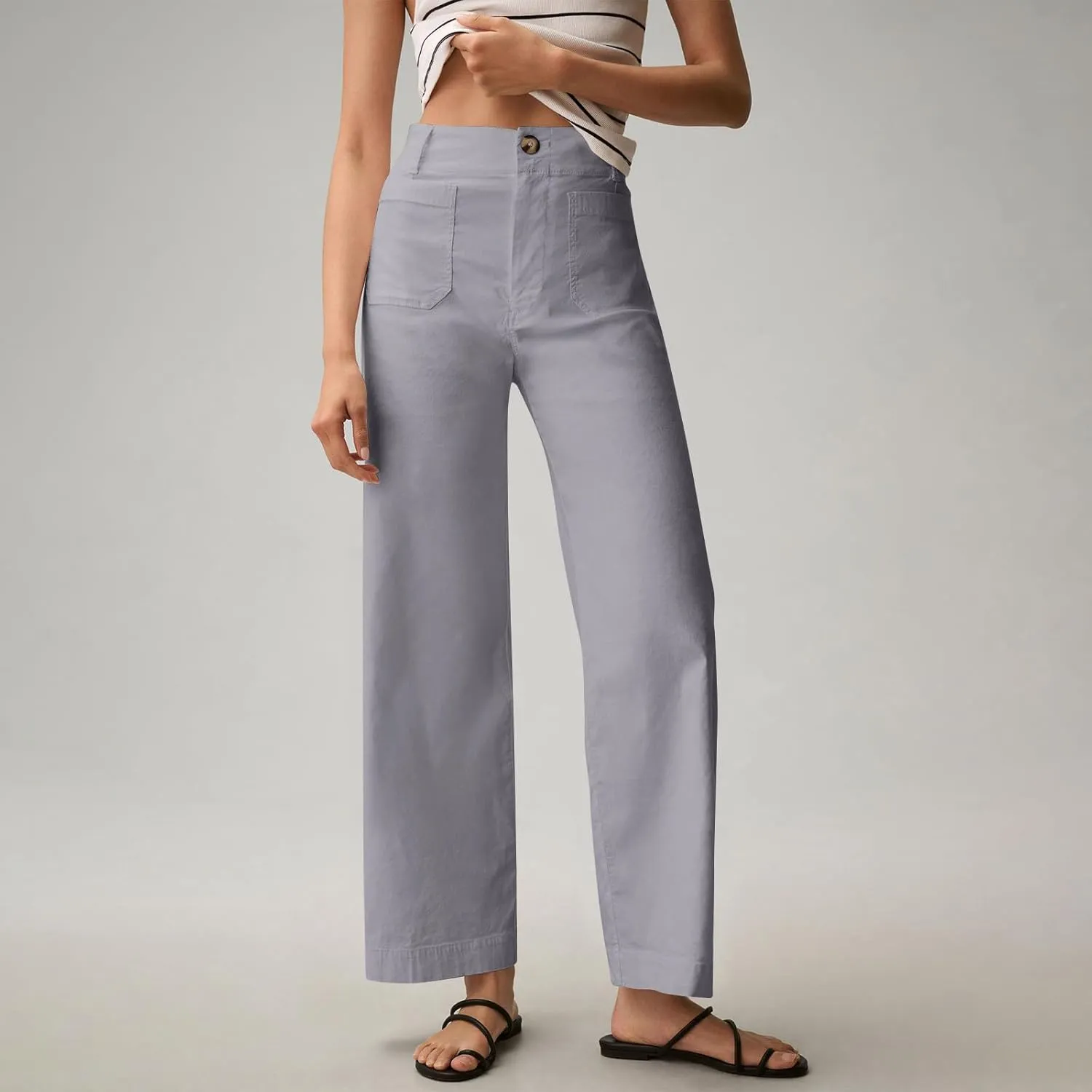 Gumipy Twill Pants for Women Stretch Casual High Waisted Wide Leg Cropped Pants Straight Leg Ankle Chino Pant with Pockets