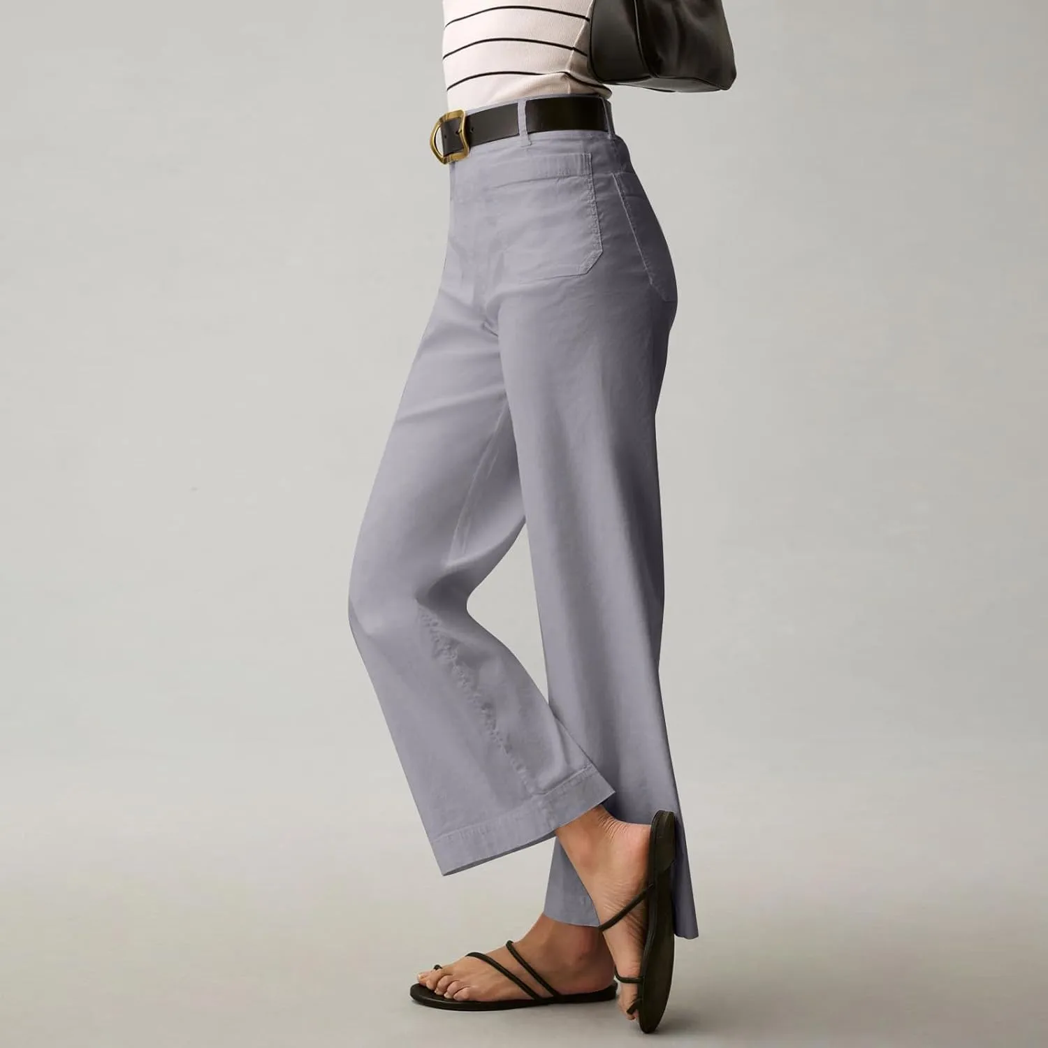 Gumipy Twill Pants for Women Stretch Casual High Waisted Wide Leg Cropped Pants Straight Leg Ankle Chino Pant with Pockets
