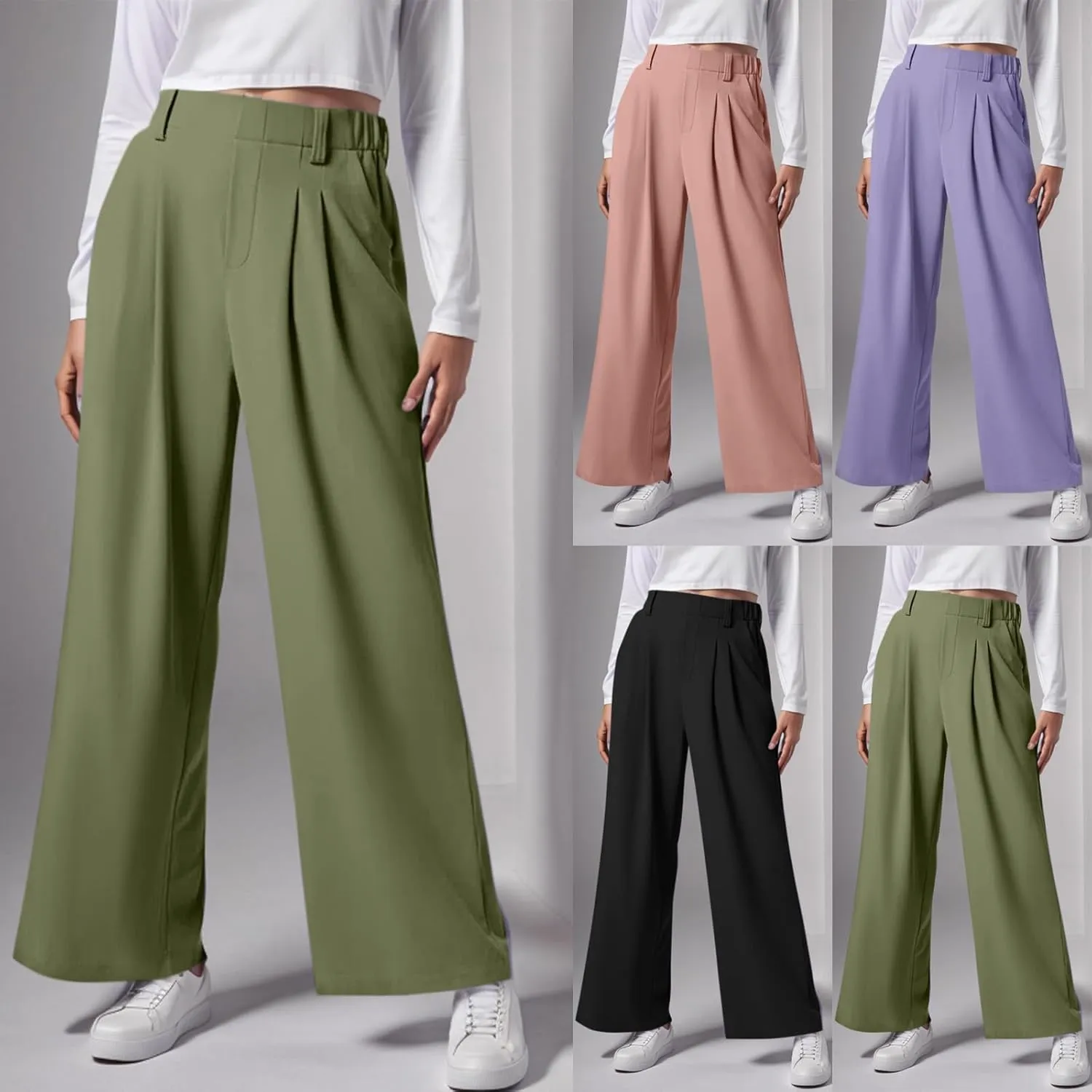 Gumipy Womens Wide Leg Pants Elastic High Waisted Crepe Pleated Pants Trendy Loose Work Pants Casual Trousers with Pockets