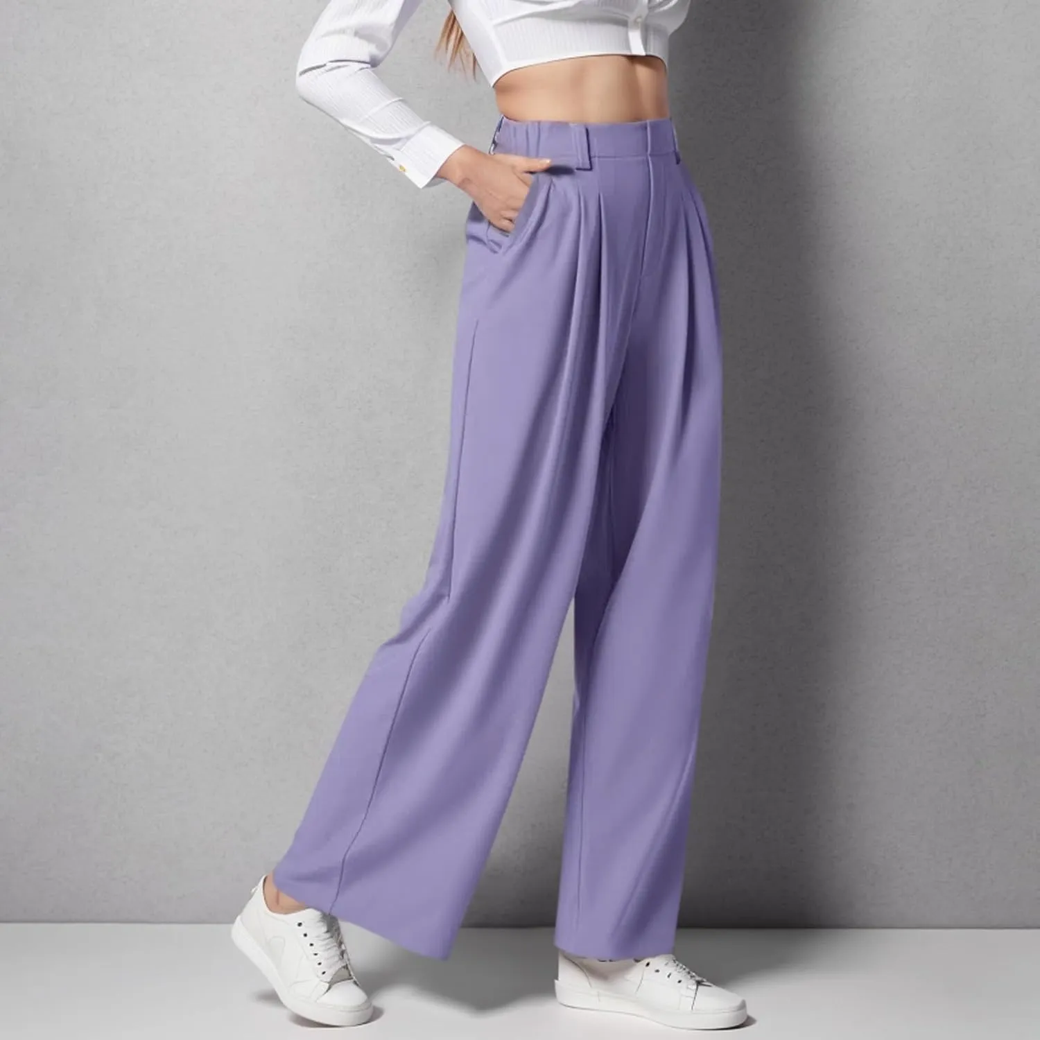 Gumipy Womens Wide Leg Pants Elastic High Waisted Crepe Pleated Pants Trendy Loose Work Pants Casual Trousers with Pockets