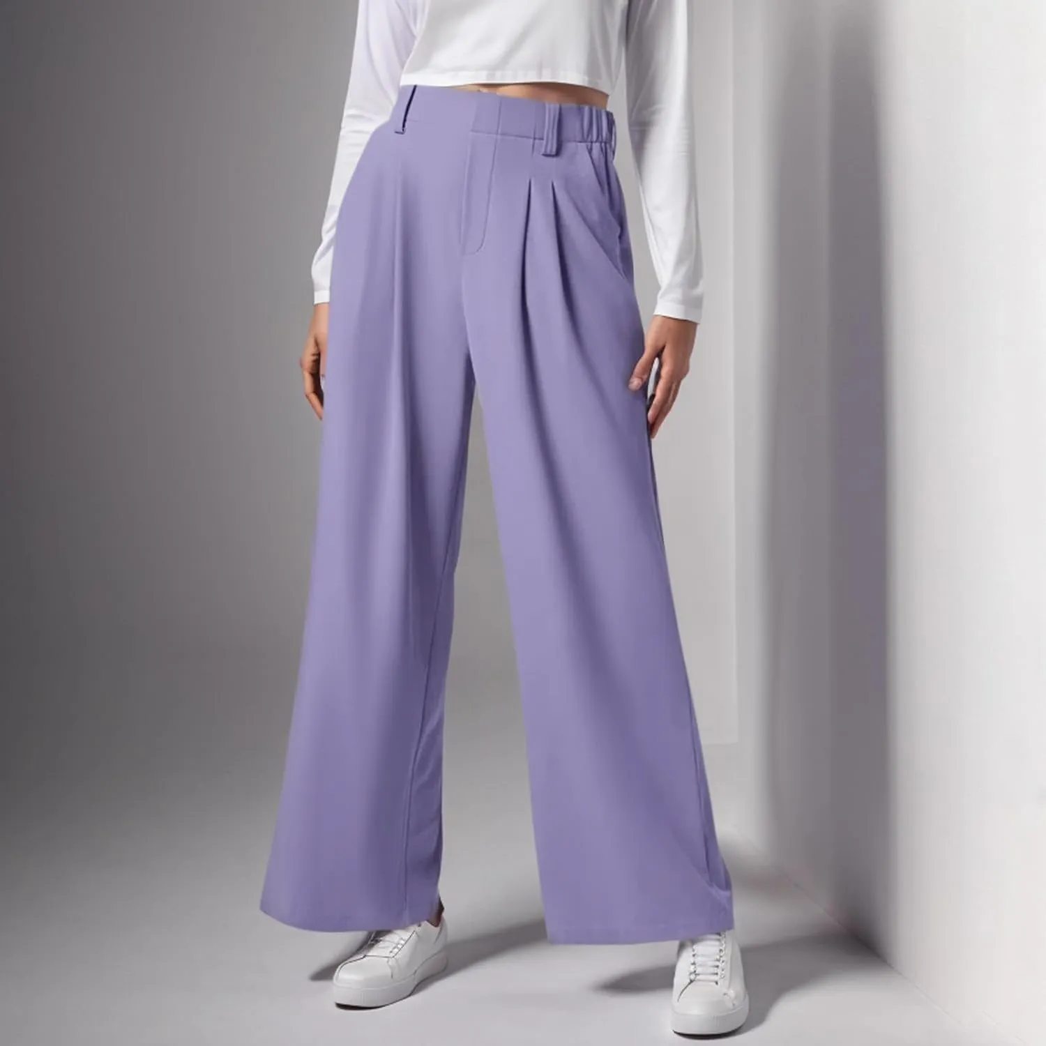 Gumipy Womens Wide Leg Pants Elastic High Waisted Crepe Pleated Pants Trendy Loose Work Pants Casual Trousers with Pockets