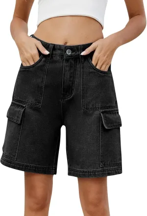 High Waisted Shorts Women Denim Black - Bermuda Mid-Rise Butt Lift Summer Long Denim 5 Inch Inseam with Multi Pockets