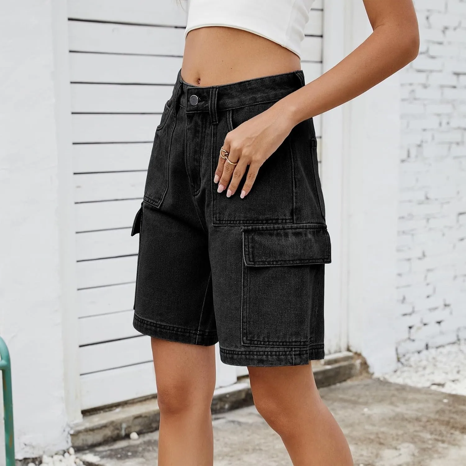 High Waisted Shorts Women Denim Black - Bermuda Mid-Rise Butt Lift Summer Long Denim 5 Inch Inseam with Multi Pockets